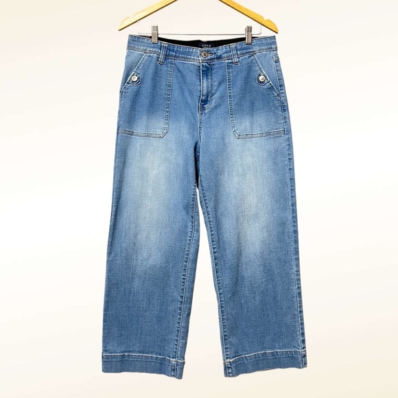 Curve Appeal Wide Leg Cropped Jeans Size 12 High Rise Carpenter Pockets Bleached - Picture 1 of 10